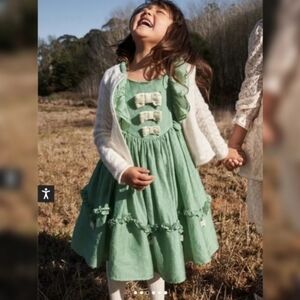 Mint Green Girls' Dress with Ivory Bow Accents